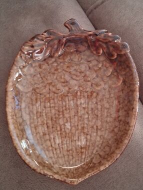 Glazed Ceramic Acorn With Leaf At The Top-Shaped Serving Dish in A Warm Brown